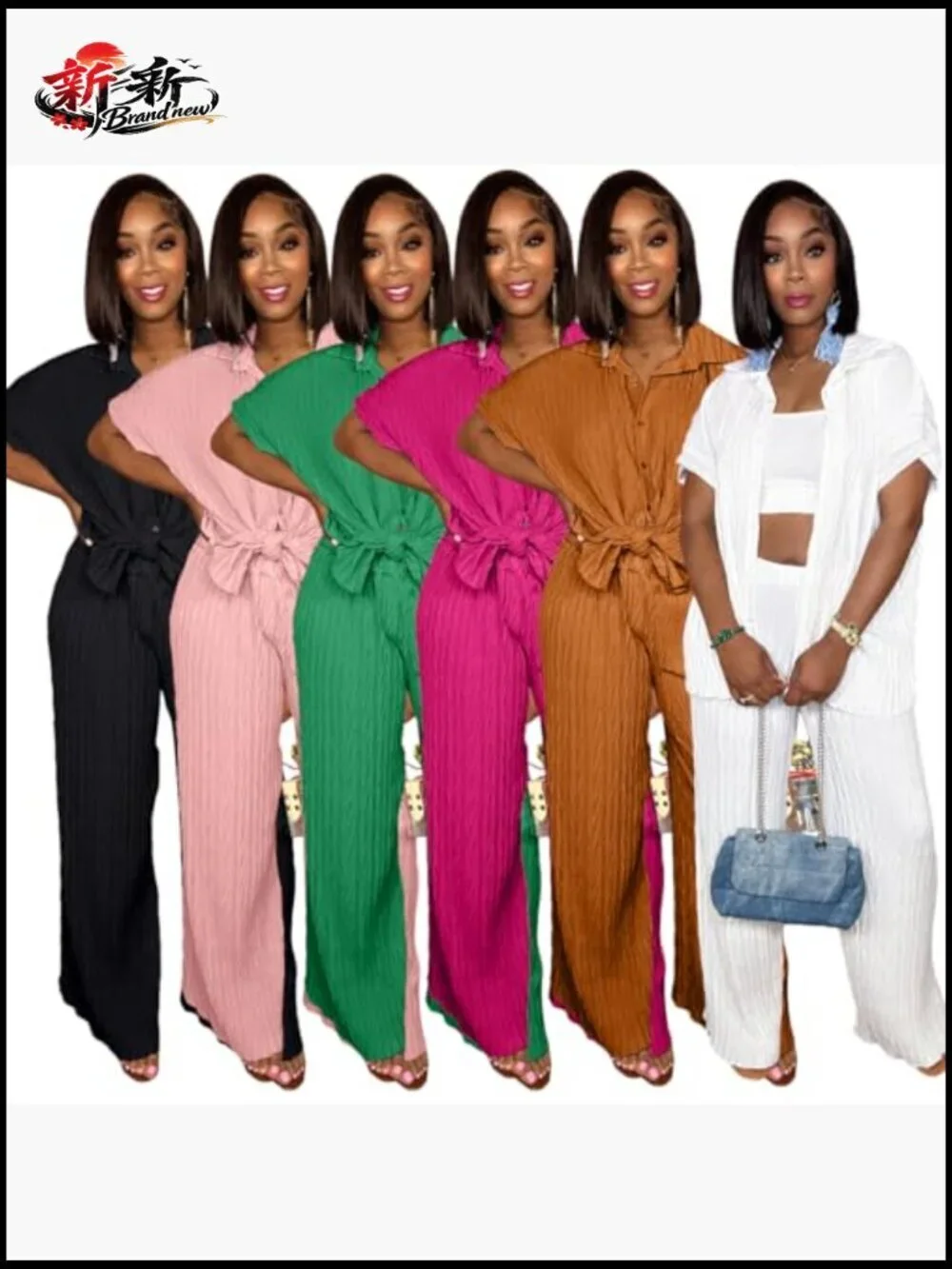 Polyester Spandex Two Piece Set Button Down Shirt Wide Leg Pants